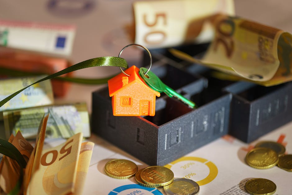 A close-up photograph of a black box with paper currency and Euro coins scattered around, featuring a key with an orange house-shaped keyring and a green key attached. The scene is lit by natural ligh