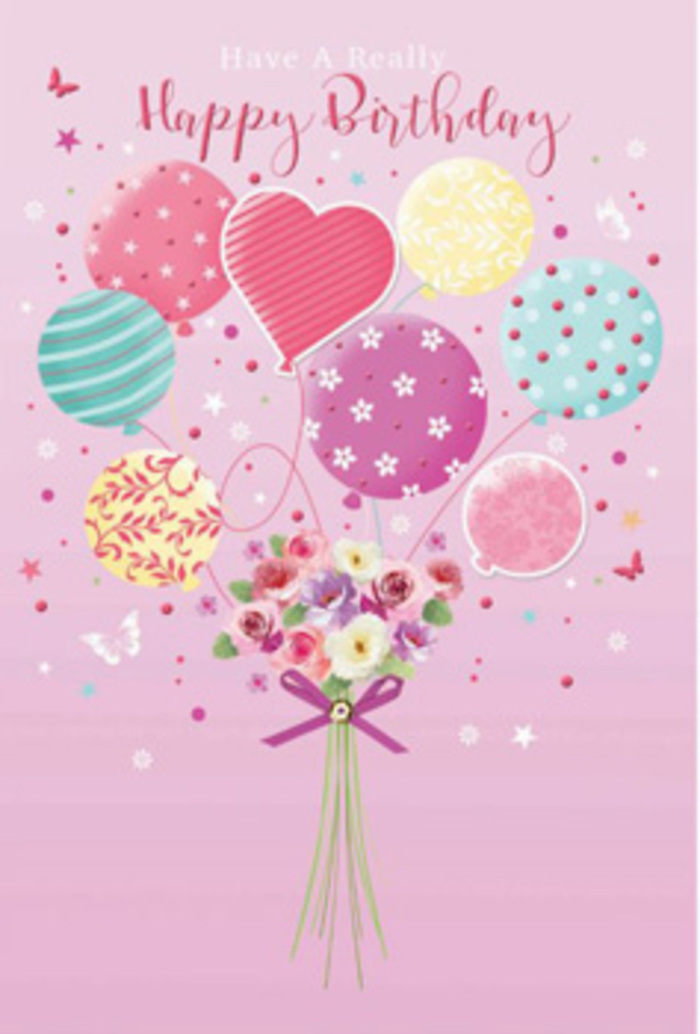 This illustrated birthday card design presents a floating celebration of balloons and flowers that could have been dreamed up in a cosy Kingston florist workshop. The background is a gentle blush pink, smooth and even, suggesting the quiet warmth of early daylight. Rising through this soft field, a bundle of pastel balloons drifts upward, painted in tender hues of pink, mint green, lavender, pale gold, and sky blue. Each balloon has its own decorative charm: some are wrapped with curling ribbon stripes, others scatter playful polka dots, and a few display delicate floral motifs and looping swirls that hint at motion. A single heart-shaped balloon glows subtly at the centre, its rounded edges softened as if lit from within, adding a loving, birthday wish at the heart of the scene. Below, a hand-tied posy of petite roses and daisy-like blossoms anchors the composition. The flowers share the same palette as the balloons, with petals softly shaded from creamy ivory to rose and mauve, giving an impression of fresh, velvety blooms chosen that morning from a Kingston flower stall near the riverside. Their slender green stems gather together in a tight cluster, bound by a vivid purple satin bow that catches imaginary highlights and suggests a smooth, luxurious texture. Tiny stars and light, fluttering butterflies are scattered around the bouquet and balloons, as though drifting happily on a breeze that might wander down from Kingston Hill. The whole artwork feels light and uplifting, like a moment of pure birthday joy captured in stillness, blending festive balloons with the timeless comfort of fresh flowers.