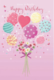 A pastel balloon bouquet and a dainty cluster of flowers come together in this enchanting birthday card illustration, evoking the charm of a carefully arranged gift from a Kingston florist. The backdrop is a calm, soft pink, creating a gentle stage for the scene. From the lower centre, a hand-tied bouquet rises: petite roses and anemone-like blooms with feathery petals in creamy ivory, blush pink, and gentle mauve. Subtle shading along each petal suggests softness to the touch, as though you could almost feel the velvety surfaces. The stems are drawn in slender green lines and are neatly bound with a glossy violet satin bow, tied into a graceful loop that gleams as if catching light from a nearby window overlooking Kingston Bridge. Floating from the bouquet is a collection of pastel balloons in rose, sea green, lavender, butter-yellow, and blue-grey tones. Each balloon is individually decorated-some with candy-striped bands, others with scattered polka dots, and a few with whimsical floral patterns and curling ribbons. A heart-shaped balloon positioned centrally radiates warmth, symbolising affection on the recipient's special day. Tiny stars and little butterflies dot the space around the balloons, like confetti or sparkling lights at a birthday gathering in one of Kingston's riverside cafes. The entire composition feels airy and joyful, balancing playful party energy with the elegance of fresh blooms. It captures the spirit of sending birthday wishes that feel both celebratory and deeply personal, as though these balloons and flowers were chosen with care just for one cherished person.